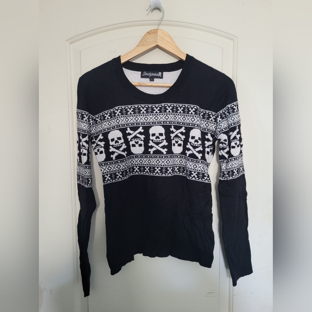 Sourpuss Clothing Holiday Sweater Skull Christmas Ugly L